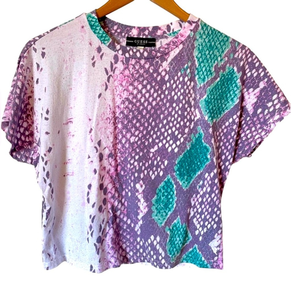 Guess women’s crop top short sleeve size XS snake print white, teal and purple